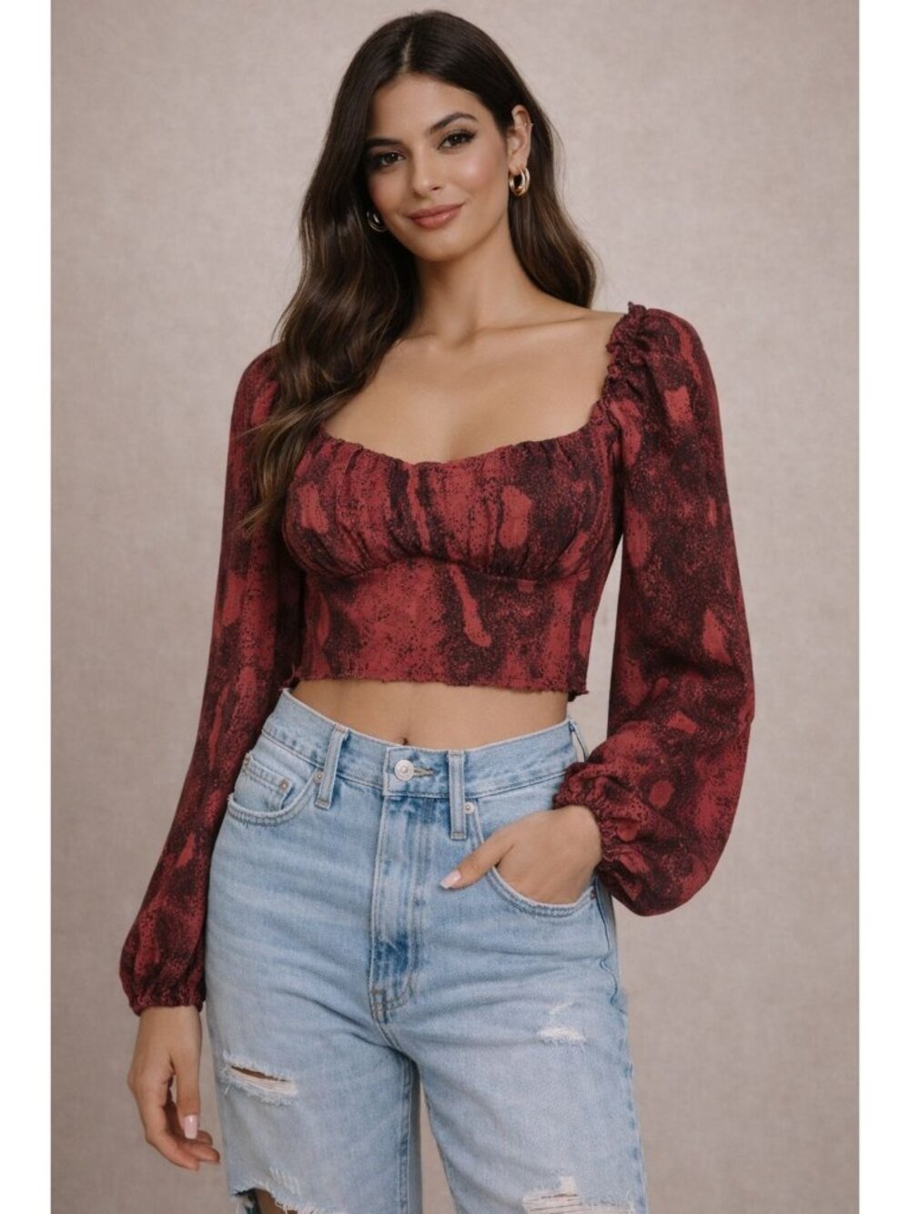 Shein Crop Top Women Extra Small Red Black Puff Long Sleeve